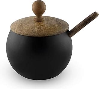 GoCraft Sugar Bowl with Lid and Spoon – Matte Black Ceramic Sugar Container with Wooden Lid, Drum Shape Sugar Jar for Kitchen, Coffee Bar, Tea, Spices & Condiments