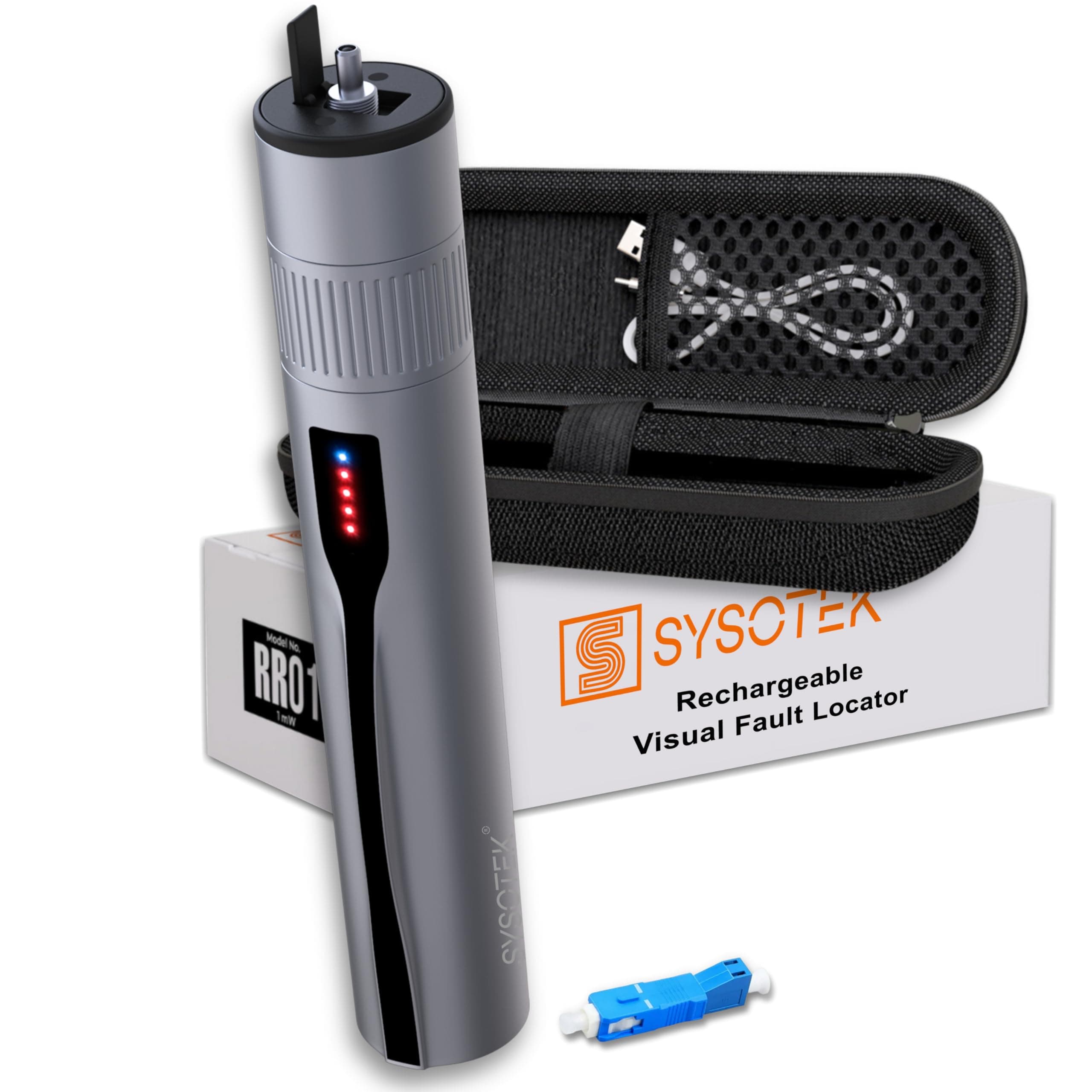 Visual Fault Locator - Rechargeable Red Light VFL Fiber Optic Tool kit - Retractable Head fits SC FC ST - Optical Laser Light Pen - Network Cable Tester - with Protective Case and LC Adapter