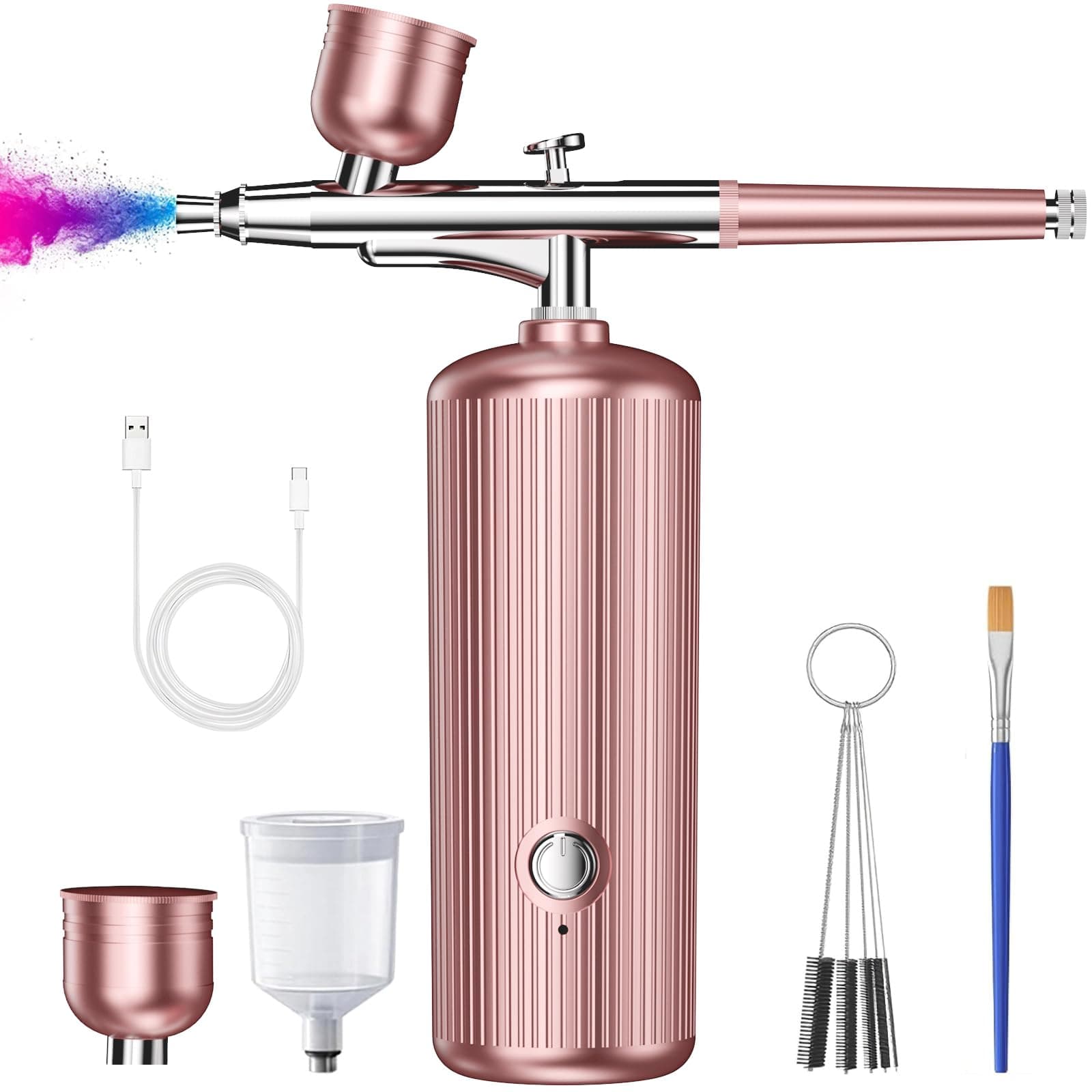 Airbrush Kit with Compressor, 48PSI Cordless Non-Clogging High-Pressure Air Brush Gun with 0.3mm Nozzle and Cleaning Brush Set for Graffiti Painting, Nail Art, Makeup, Cake Decor (Pink)