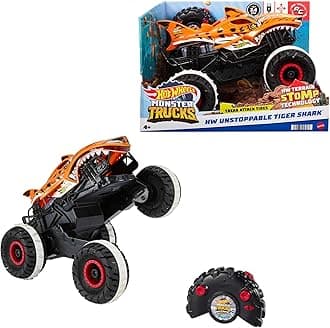 Hot Wheels Monster Trucks, Remote Control Car, 1:15 Scale Tiger Shark RC with All-Terrain Wheels