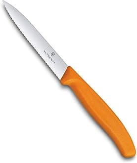Victorinox Kitchen Knife, Stainless Steel Swiss Made Vegetable Cutting and Chopping Knife, Serrated Edge, 10 cm, Orange