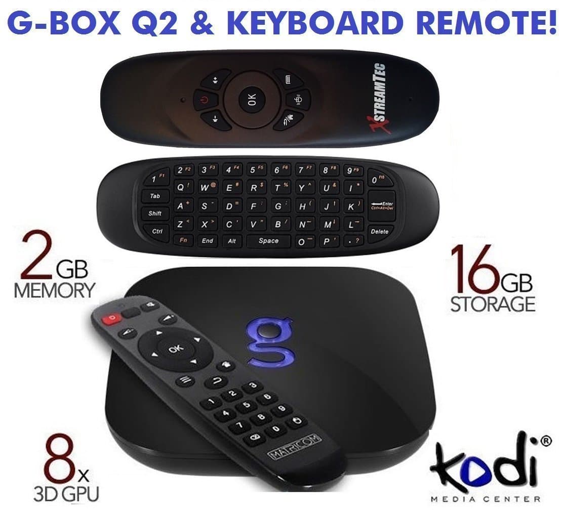 Matricom G-Box Q2 Android TV Box with Air Mouse Keyboard Remote, Quad / Octo Core Kodi TV Box [ 2GB / 16GB / 4K ]. Gbox Q 2 Mini PC with XstreamTec Wireless RF QWERTY Keyboard Remote