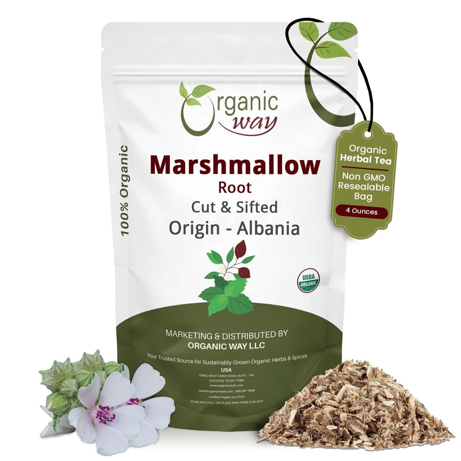 Organic Way Marshmallow Root | Herbal Tea (Althaea officinalis) Cut & Sifted - European Wild-Harvest | Organic & Kosher Certified | Non GMO & USDA Certified | Origin - Albania (1/4LBS / 4Oz)