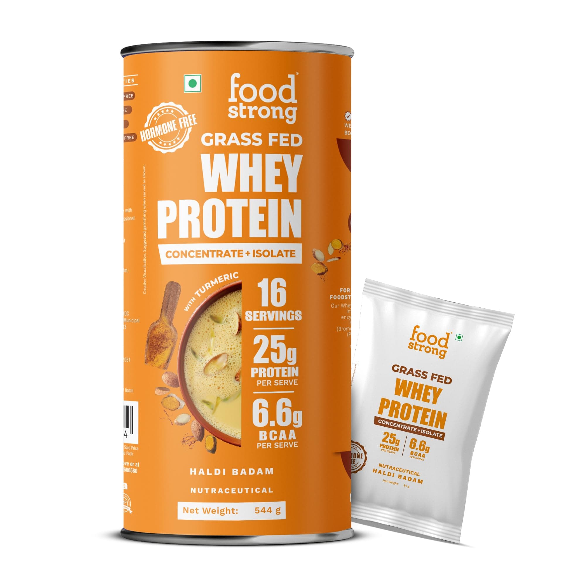 Foodstrong Whey Protein Powder (Concentrate + Isolate), 100% Hormone Free Grass-Fed Whey, 25G Protein & 6.6G BCAA, Haldi Badam, With Turmeric & Digestive Enzymes, 16 Sachets, 544G