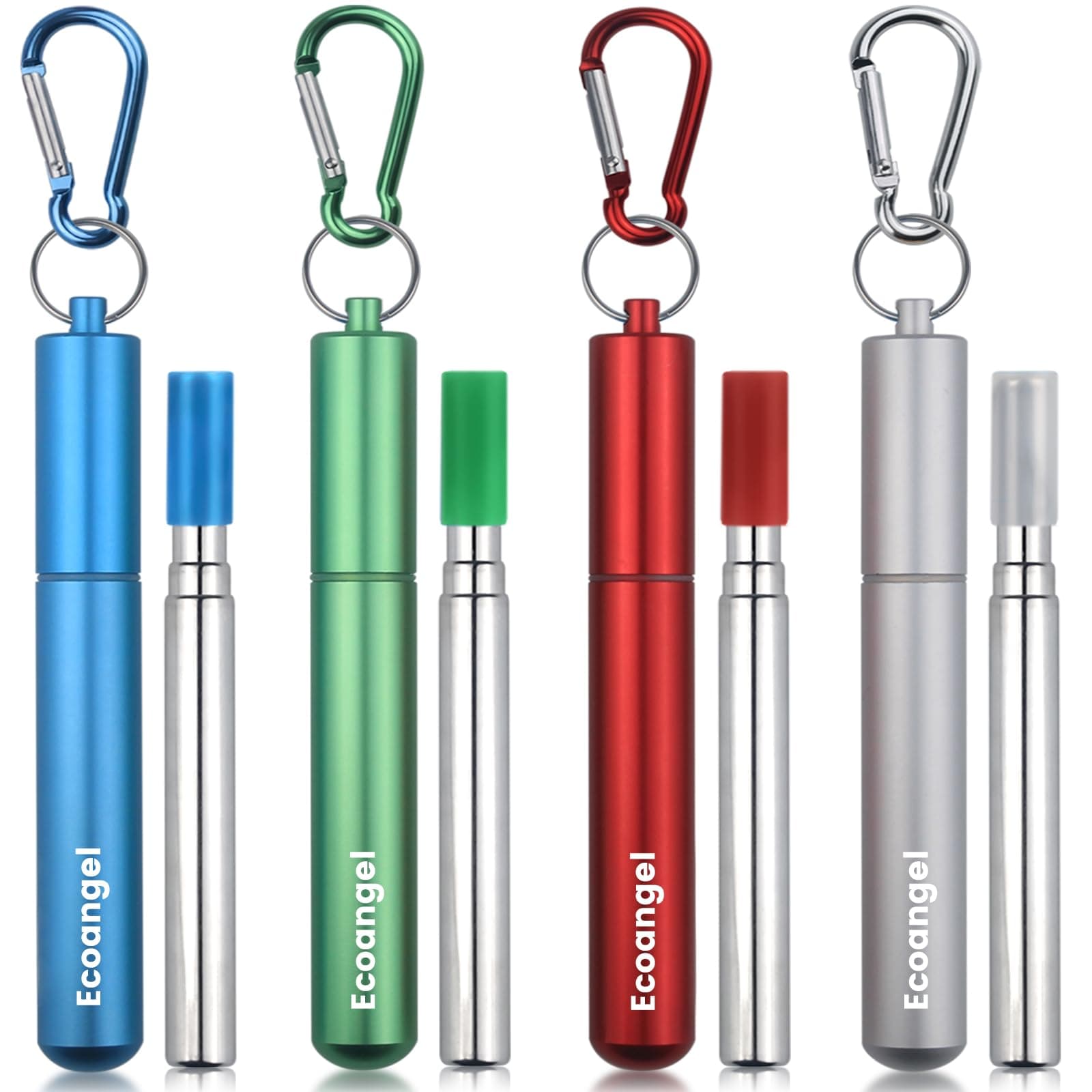 Cruise Ship Essentials,4-Pack Reusable Collapsible Stainless Steel Drinking Straws with Aluminum Case,Cleaning Brush,and Keychains-Silver,Blue,Red,Green