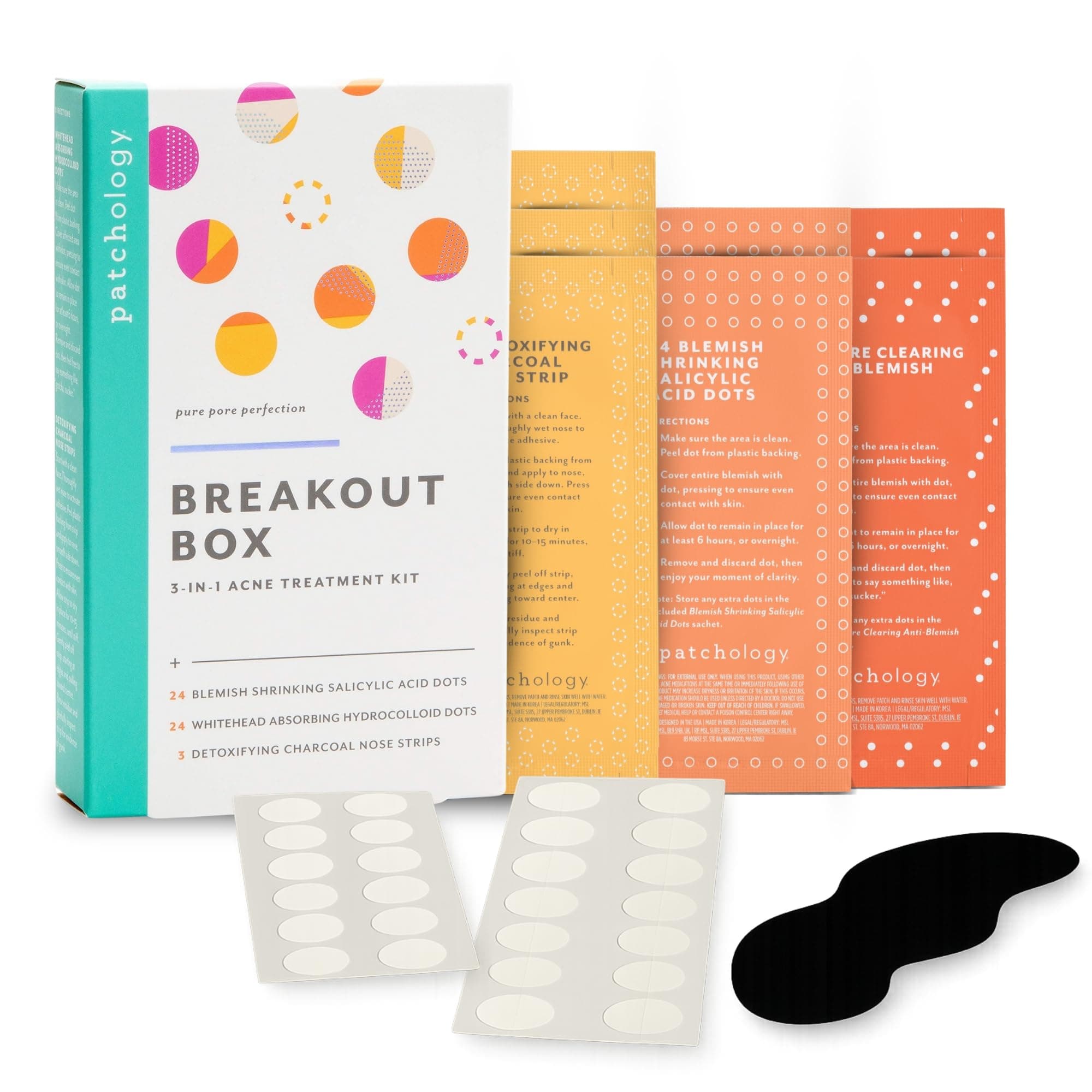 Patchology Breakout Box 3-in-1 Pimple & Acne Spots Treatment Patch Kit with 3 Nose Strips, 24 Salicylic Acid Dots, and 24 Hydrocolloid Dots - For Men and Women - Dark Spot Patches for Face