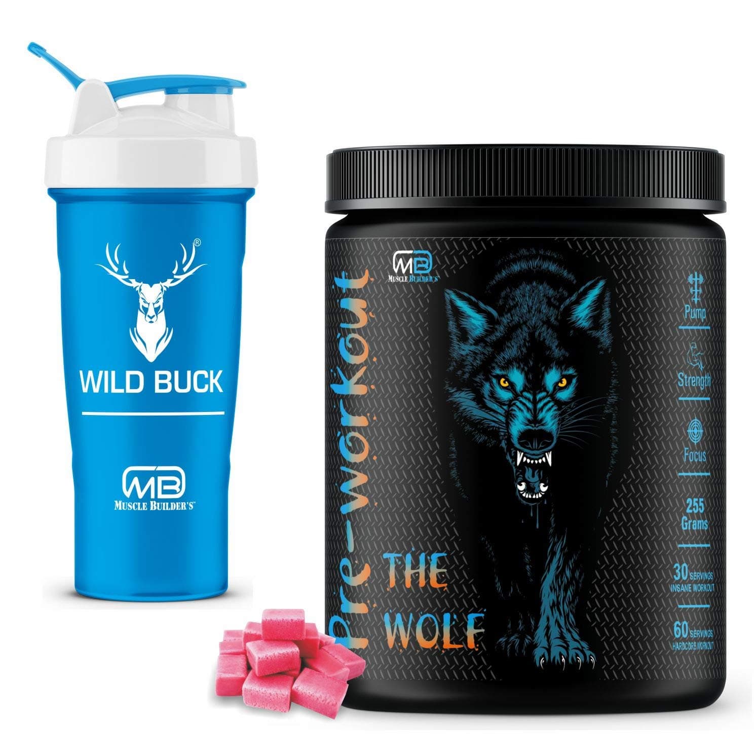 The Wolf Pre Workout Supplement with Creatine Monohydrate, L-Arginine, Beta-Alanine, Caffeine Anhydrous - For Men & Women [30-60 Servings, Gummy Candy, 255g] With Free Shaker