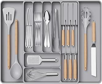 Cutlery Drawer Organiser, Expandable Tray with Knives Holder for Kitchen Storage, Cutlery Organiser Insert for Spoons, Forks, Utensil, 1 Pack, Grey