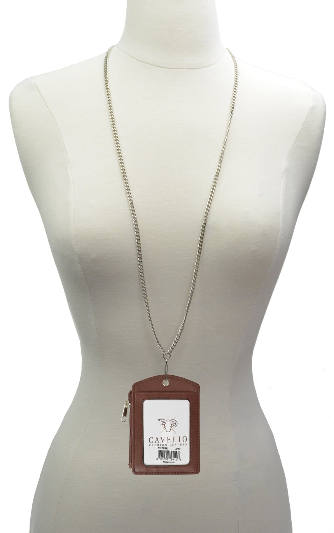 ID Lanyard Leather Badge Holder with Chain Neck Strap (Brown)