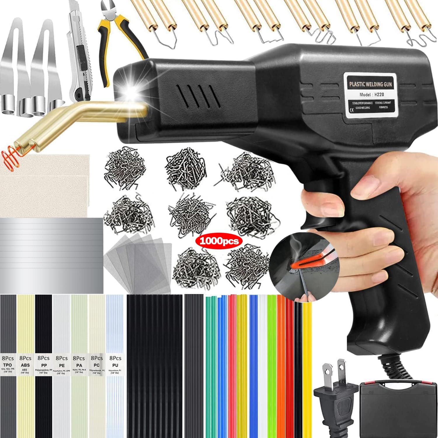 Upgraded 220W Plastic Welder,2 in 1 Plastic Welding Kit 1000PCS Hot Stapler Plastic Repair Kit With 100PCS Plastic Welding Rods and 6 Types Staples For Most Plastic Car Bumper Repair Kit