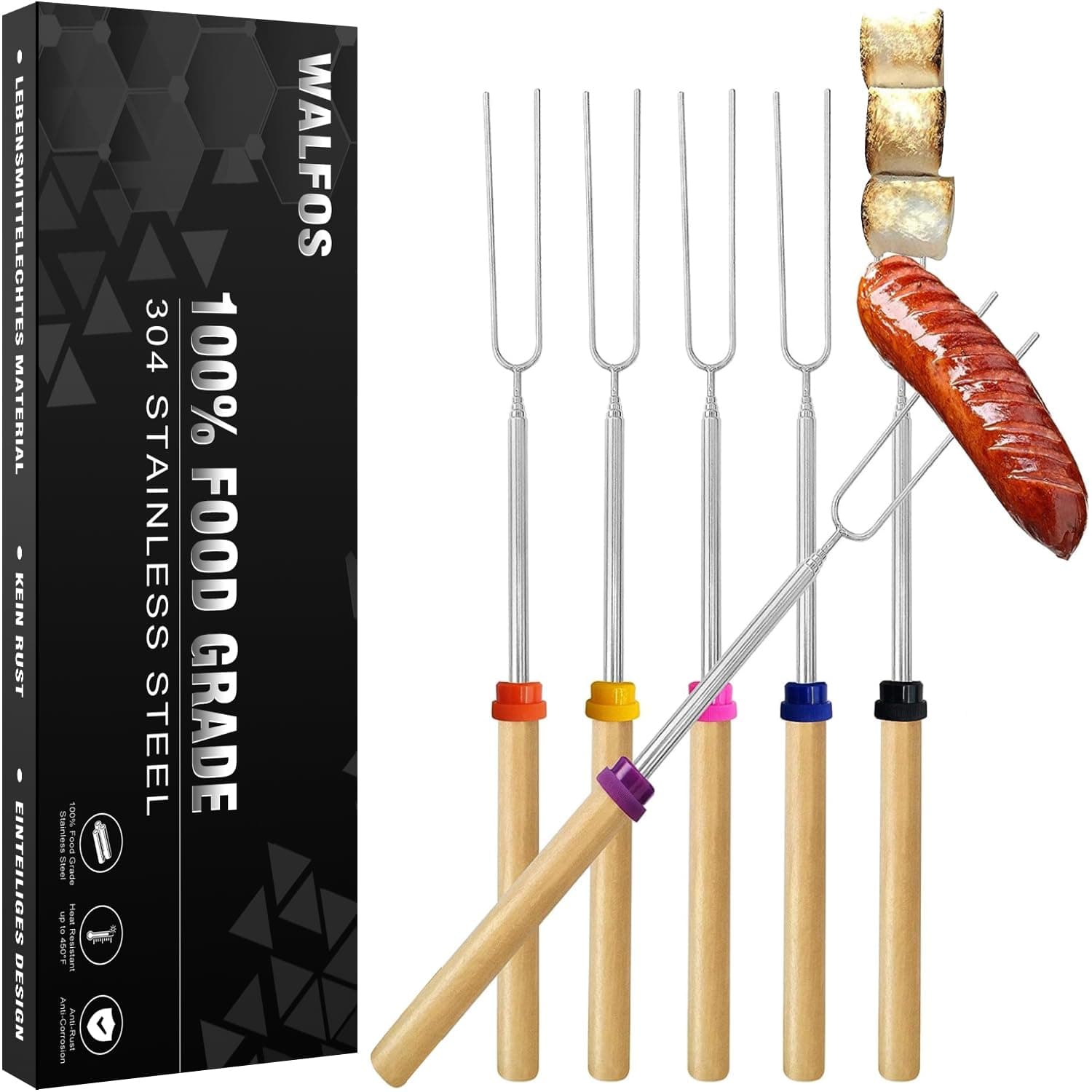 WALFOS Marshmallow Toasting Forks, Telescoping Marshmallow Toasting Kits Sticks, BBQ Smores Skewers,Campfire Roasting Sticks & Hot Dog Forks, 6 PCS