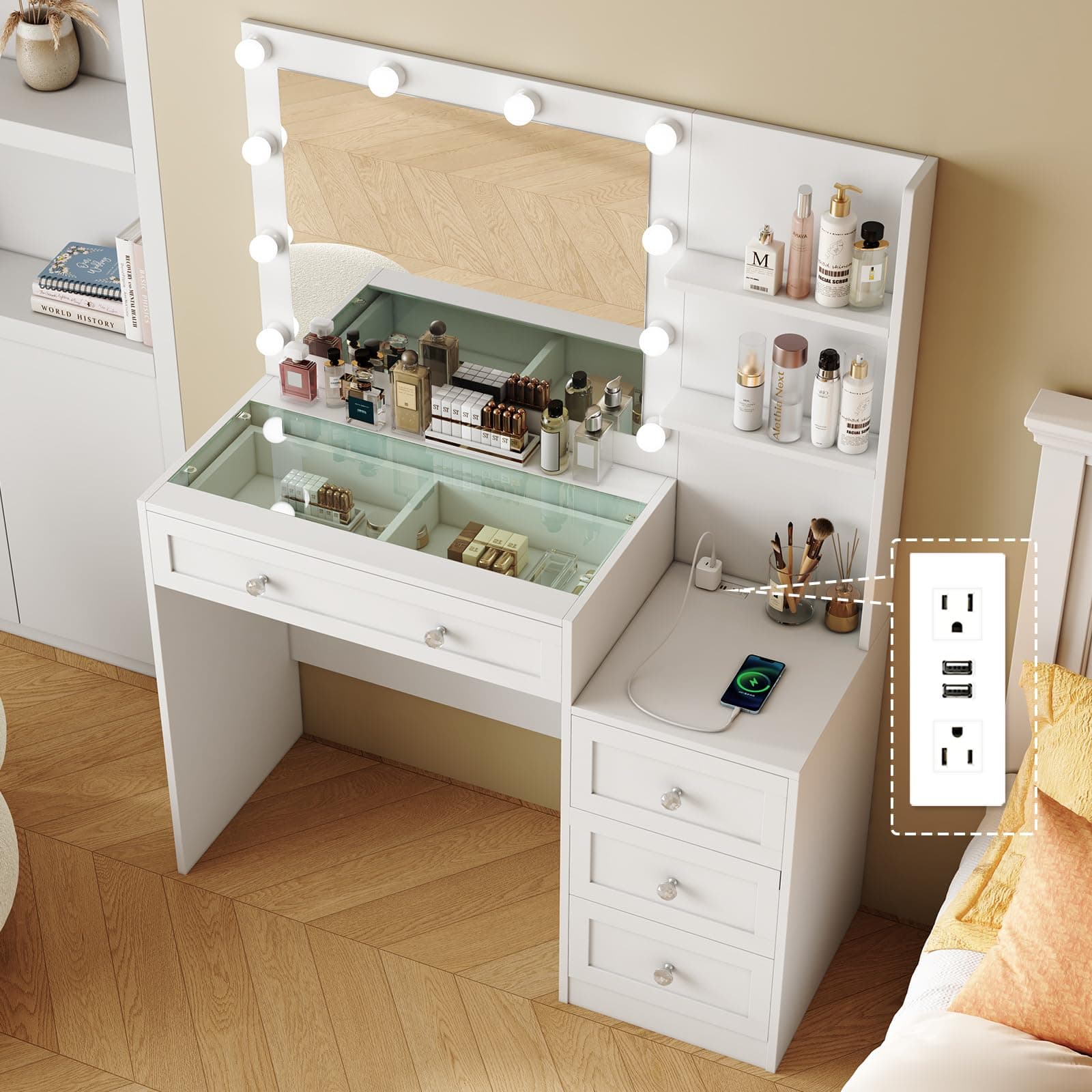 White Vanity Desk with Mirror and Lights, 39.4" Wide Glass Top, Makeup Vanity with 4 Drawers, Charging Station, 3 Lighting Modes for Women's Bedroom