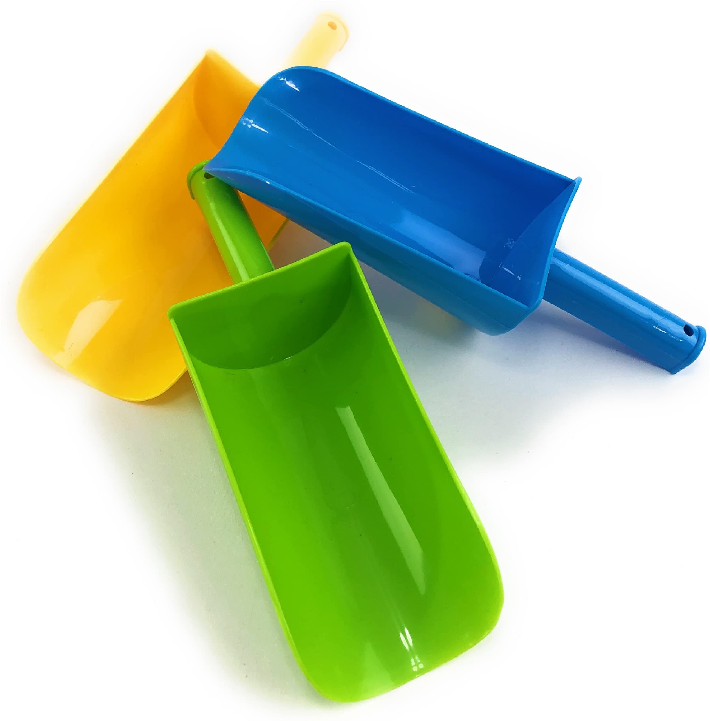 9" Kids Short Handle Sand Scoop Plastic Shovels for Sand & Beach (Yellow, Blue & Green) Gift Set Bundle - 3 Pack