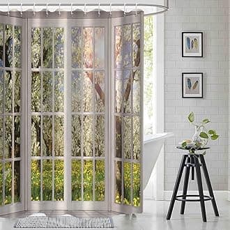 Floral Shower Curtain, Window View of Spring Flower Shower Curtain Set for Bathroom Waterproof Natural Scenery Green and White Bathroom Curtain with Hooks, 72x84 Inch