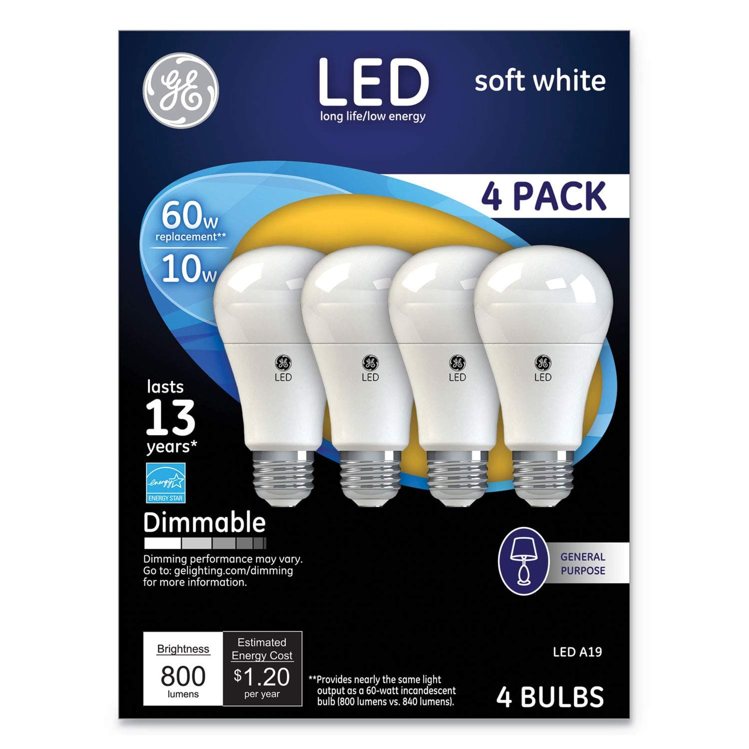 GE White Warm 10 Watt A19 Dimmable LED Bulbs 4-Pack