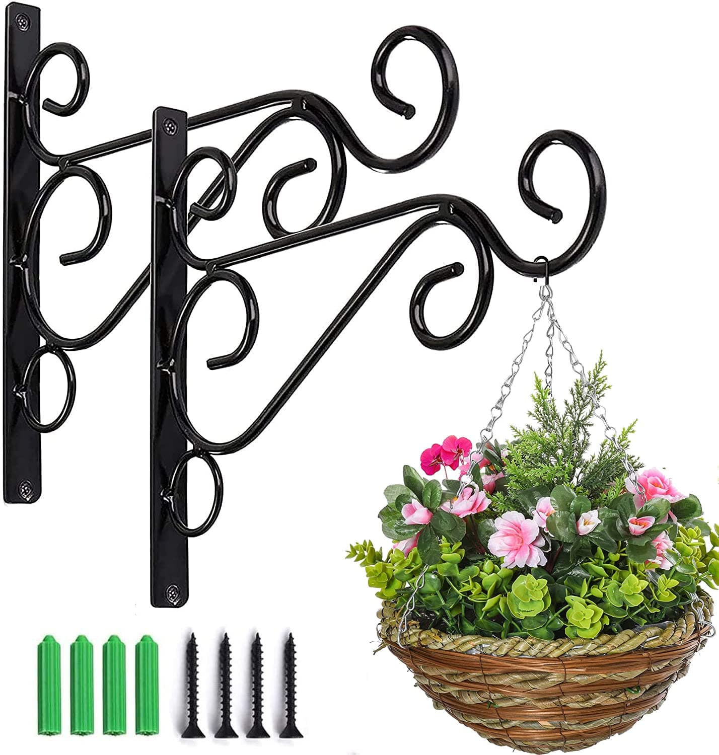 RHH 2 Pack Wall Hanging Basket Bracket, Iron Hanging Plants Bracket Decorative Wall Planter Hanger Hooks with Screws for, Lanterns, Wind Chimes (Black)