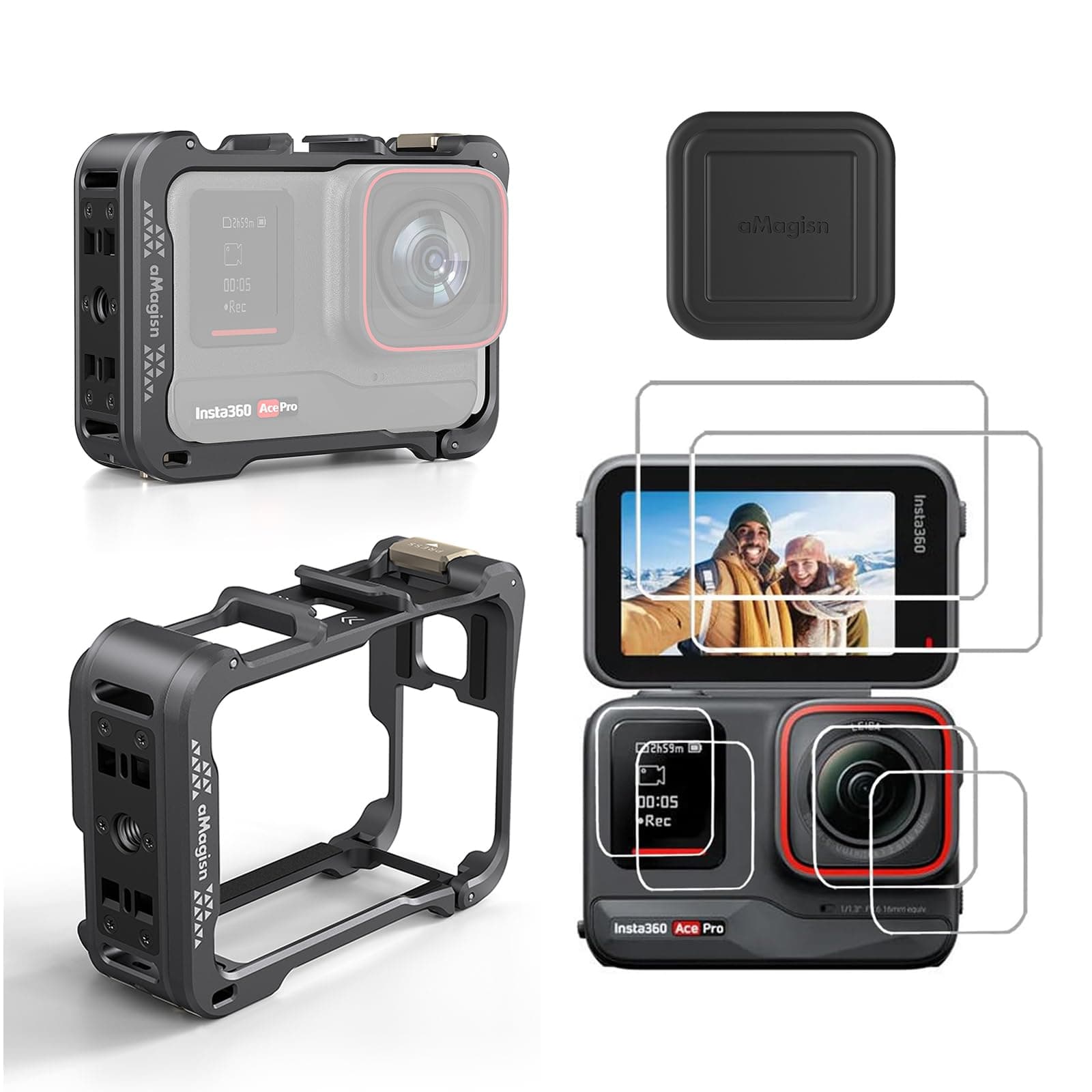Ace Pro Aluminum Metal Frame Cage Case Bag with Silicone Lens Cap Screen Protector Compatible with Insta360 Ace Pro Camera Accessories Kit