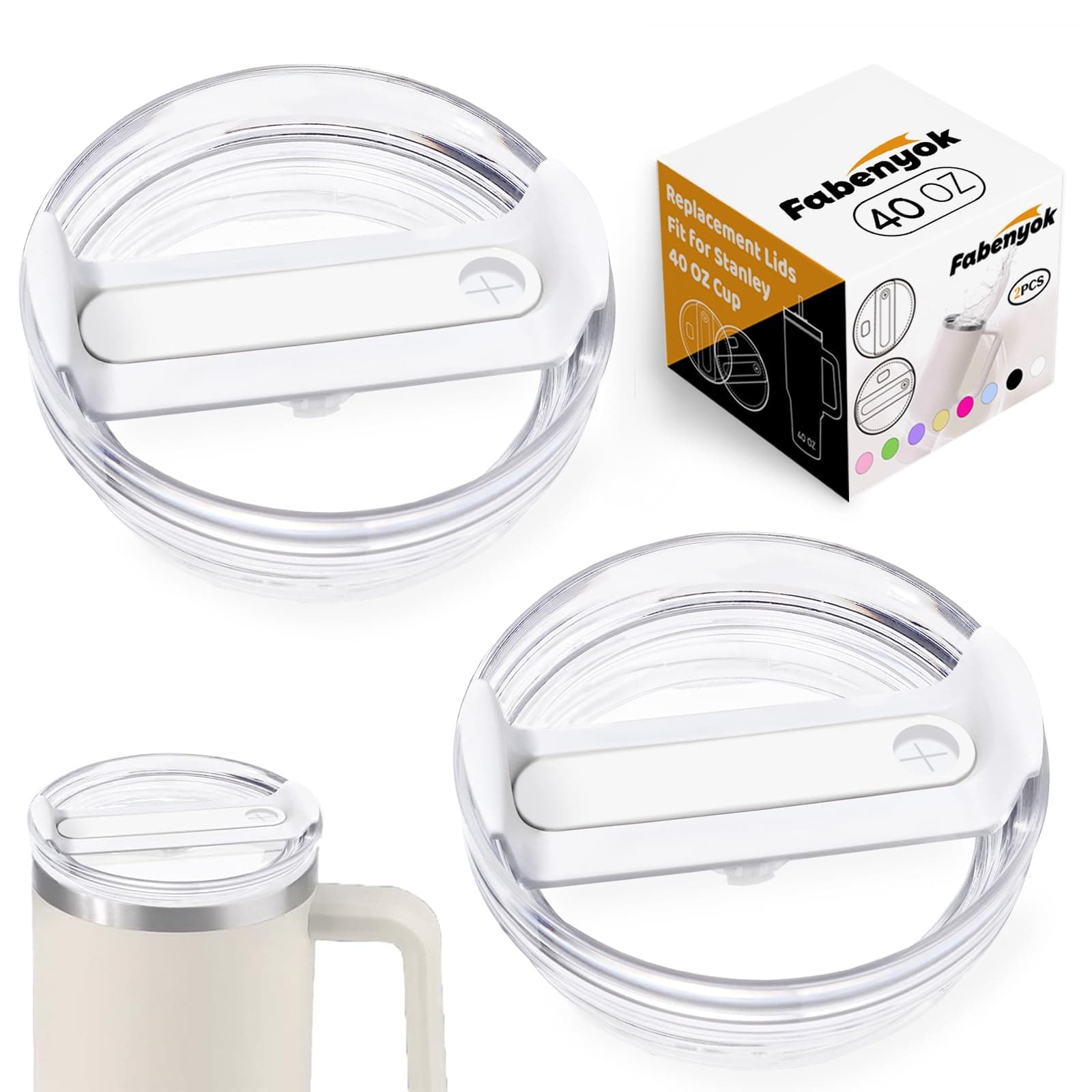 40 OZ Tumbler Lid Replacement for Stanley Cup, 2 Pack Clear Spill Proof Covers, Travel Tumbler Accessories (Clear - White)