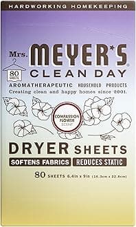 MRS. MEYER'S CLEAN DAY Dryer Sheets, Fabric Softener, Reduces Static, Infused with Essential Oils, Compassion Flower, 80 Count