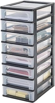 Iris Ohyama Plastic Storage Drawers Unit, 8 Shallow Drawers, Black, Easy-Pull Drawers, A4, A5 & A6 Format, File Organiser, For Office, School, Stationary, BPA Free, Chest, Tower, OCH-2080