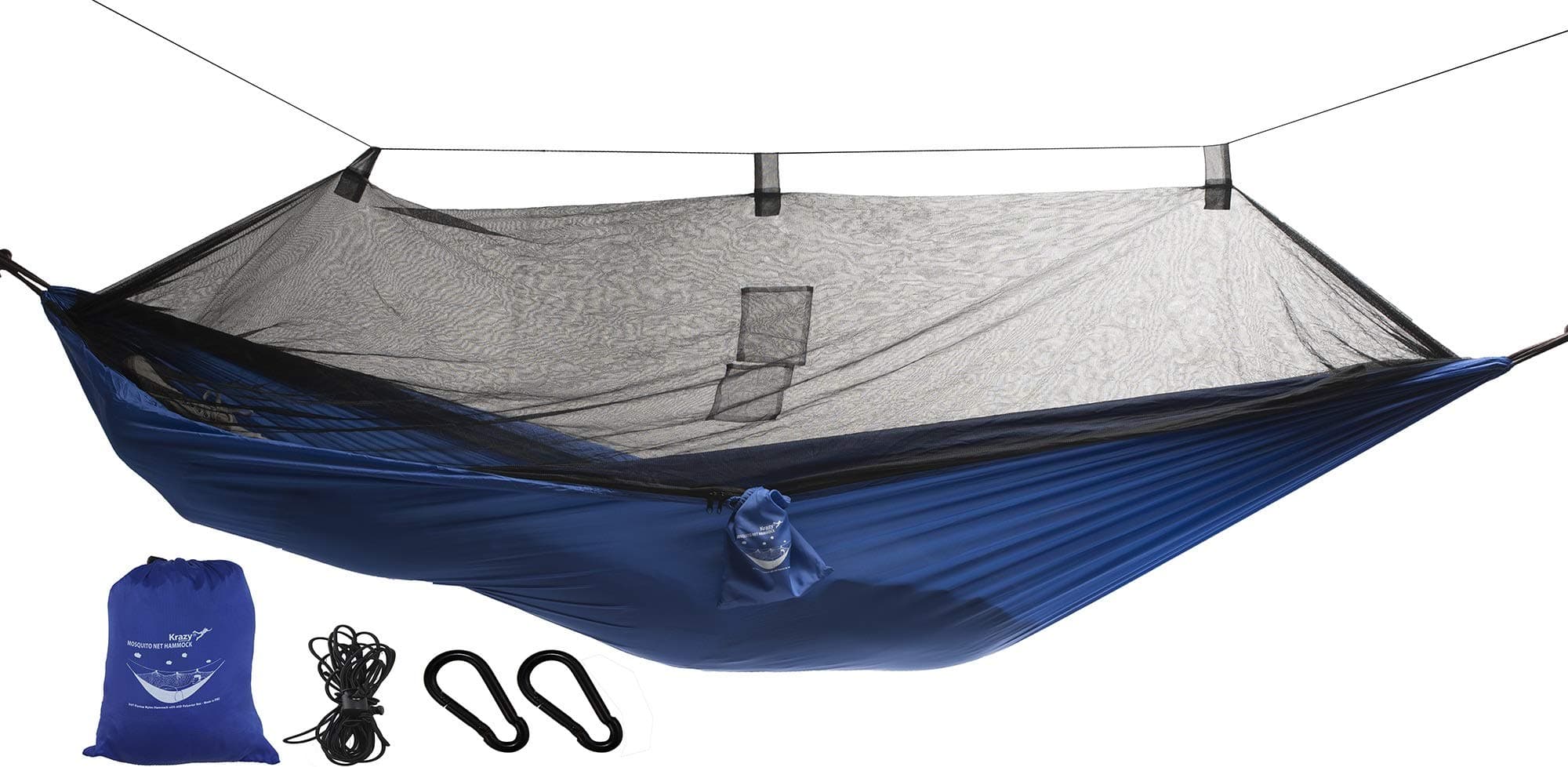 Krazy Outdoors Mosquito Net Hammock - Extra Strong Parachute Nylon - Reversible, Durable, Compact & Lightweight Camping Hammock - Length 325cm Bed Length 275cm, Bed Width 140cm (Blue)
