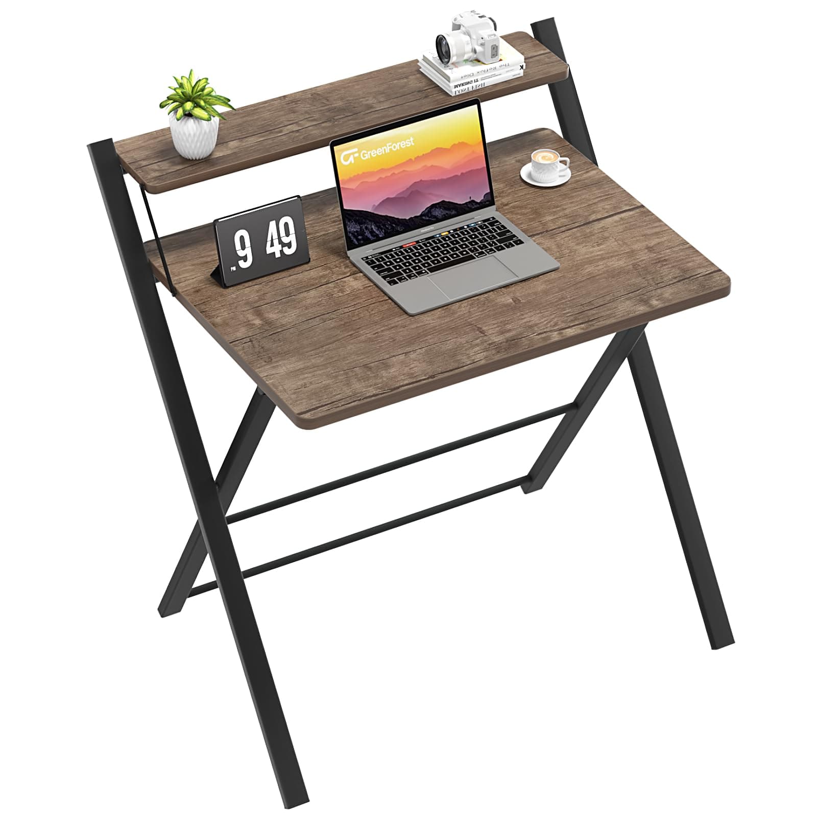 GreenForest Folding Desk with Monitor Shelf,Medium Size Computer Desk No-Assembly,Small Desk for Small Space,BrownThe Forest Stewardship Council