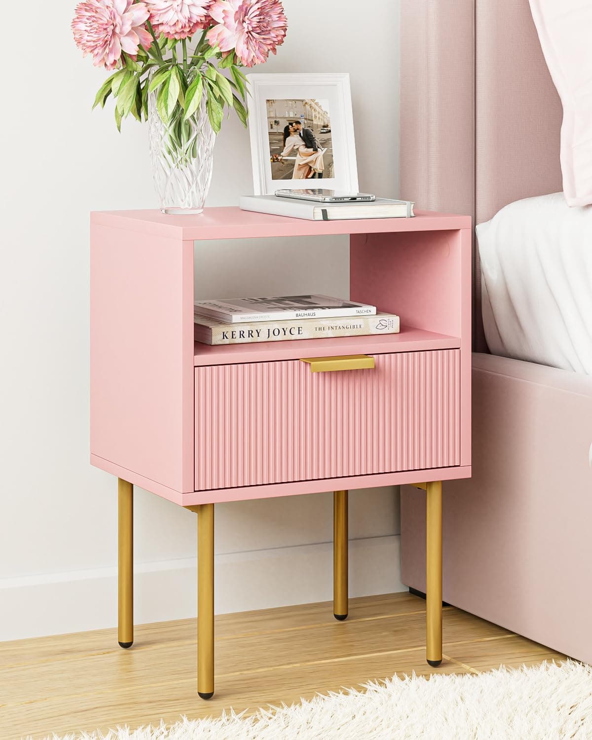 Nightstand,Morden Bedside Table with Gold Frame,Small Night Stand,End Table,Bedside Furniture,Side Table with Drawer and Shelf for Bedroom,Living Room (1Drawer, Pink)