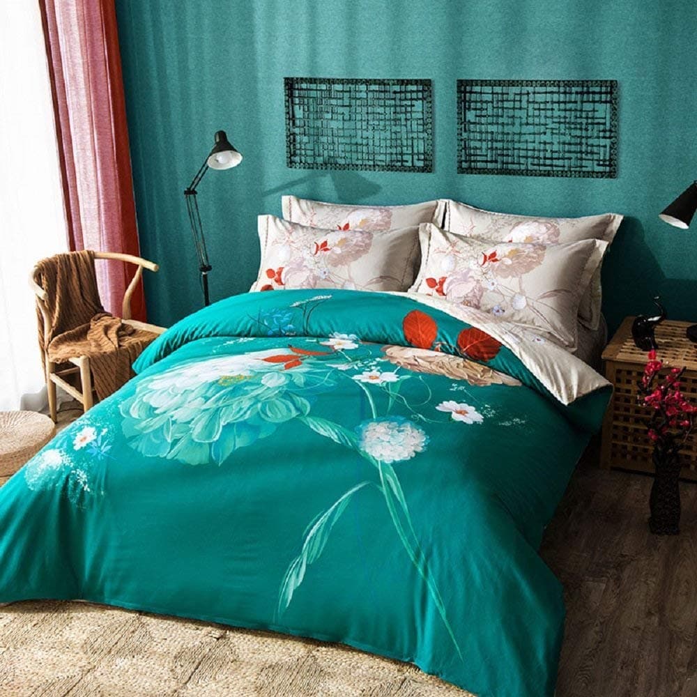 Floral Duvet Cover Set， Queen Size Bedding Set with Additional Flat Sheet 4-Piece Pure Cotton Excellent Feeling Soft Comfortable Bedclothes with Pillowcase