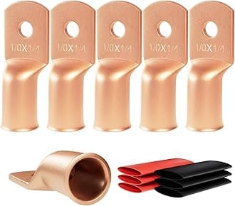6pcs 1/0 Awg - 1/4" (M6) Sanuke Wire Lugs Ring Terminal Connectors Ends Heavy Duty for Battery Cable Lug tinned Copper Tubular Wire Electrical Eyelets with 3:1 Dual Wall Adhesive Heat Shrink