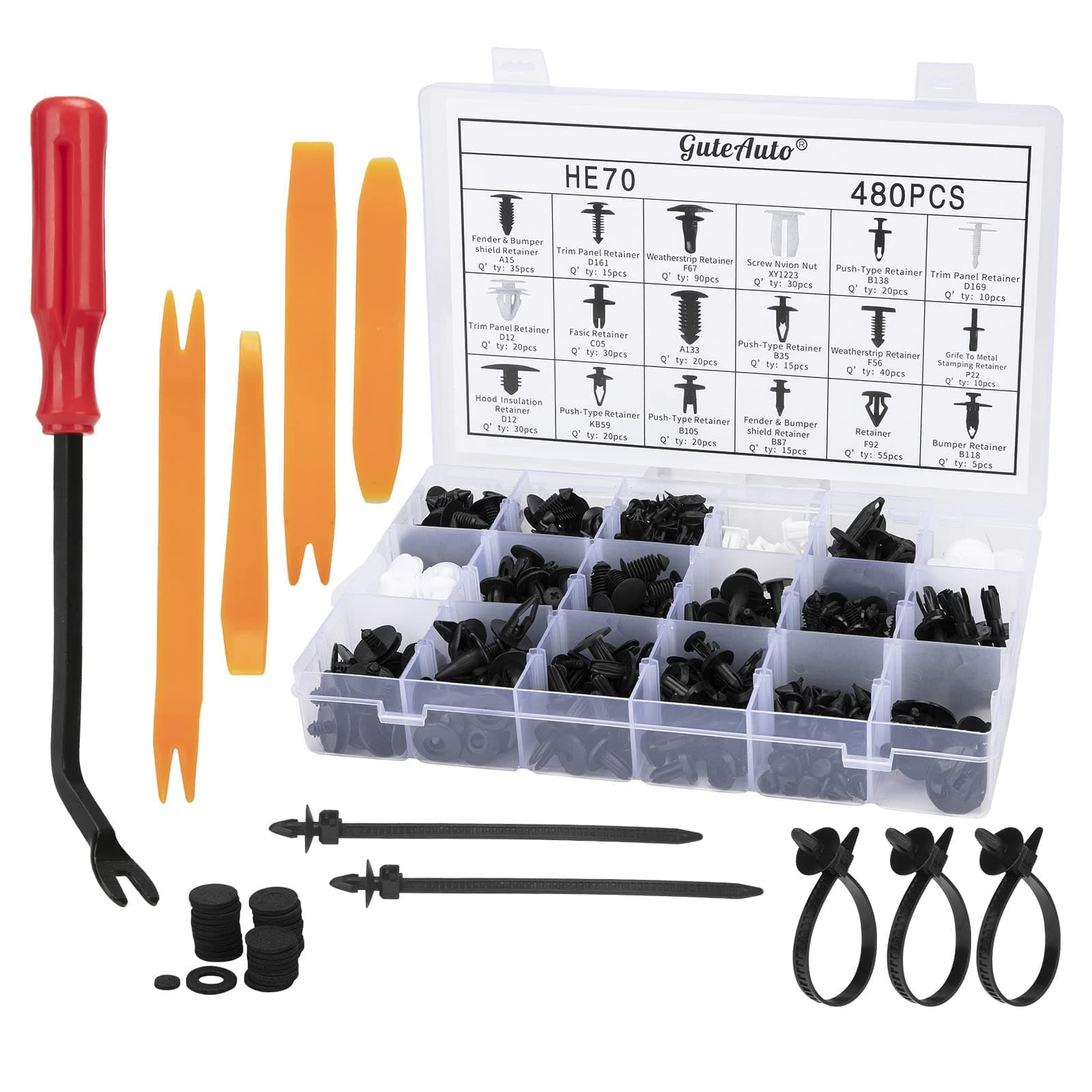 480Pcs Car Retainer Clips Kit Nylon Bumper 18 Most Popular Sizes Auto Fastener Rivet Clips - with Fastener Remover and Door Trim Panel Clips for GM Ford Toyota Honda Chrysler