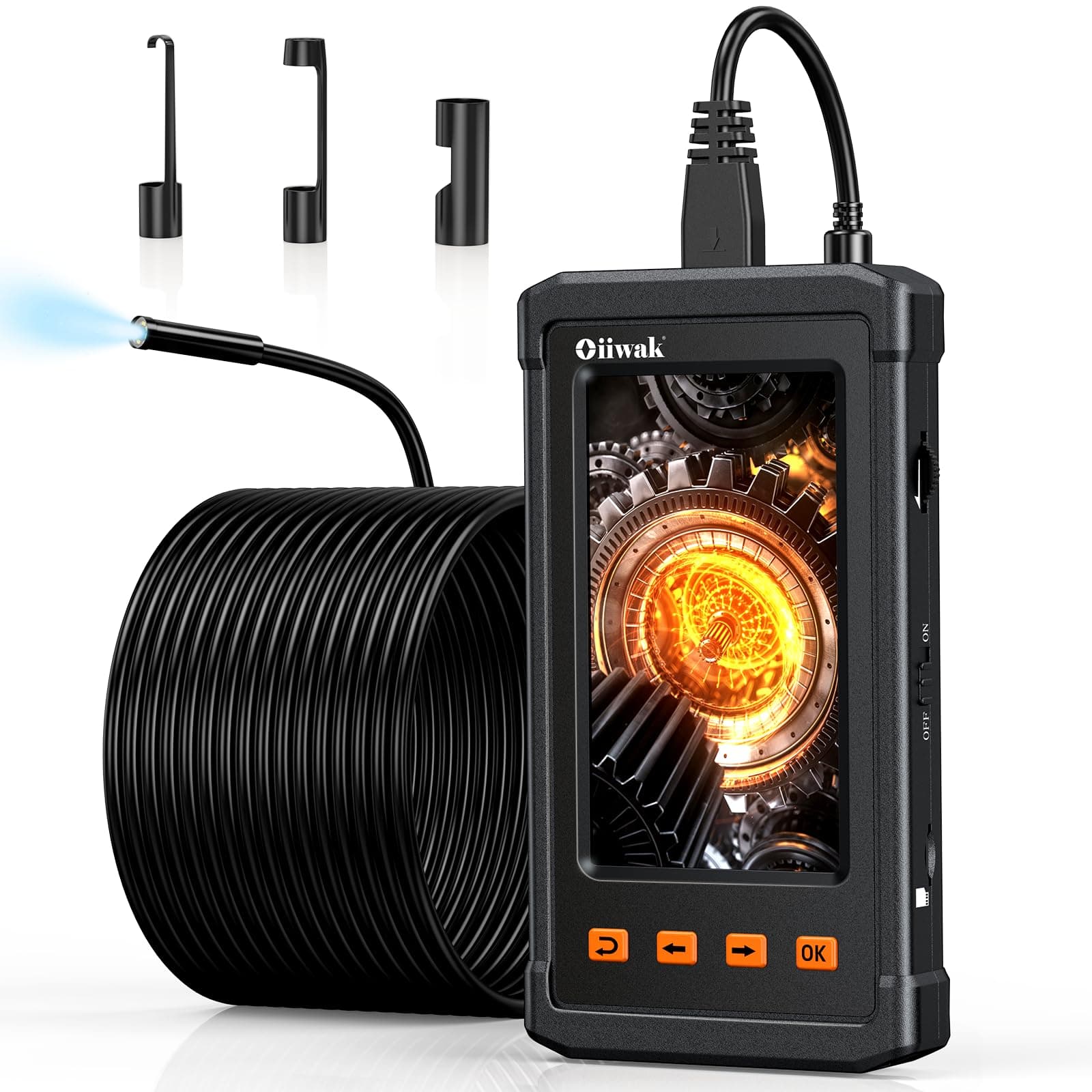50FT Endoscope Camera with Light, Oiiwak Snake Borescope Endoscope Inspection Camera for Pipe Sewer Drain Plumbing Inspection 1080P HD 4.3" IPS Screen IP67 Waterproof