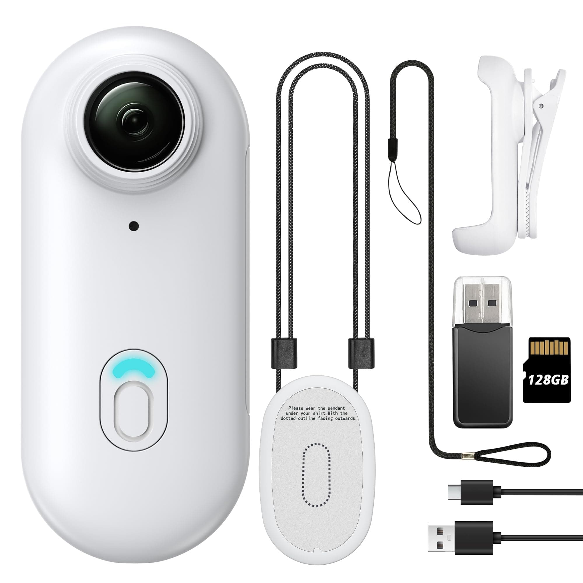 Mini Body Camera, Wearable Action Body Cam, Thumb Size Hands Free Recording Body Worn Camera, Premium Portable Camcorder Mount Anywhere for Pet Walking, Work, Travel (White, 128GB)