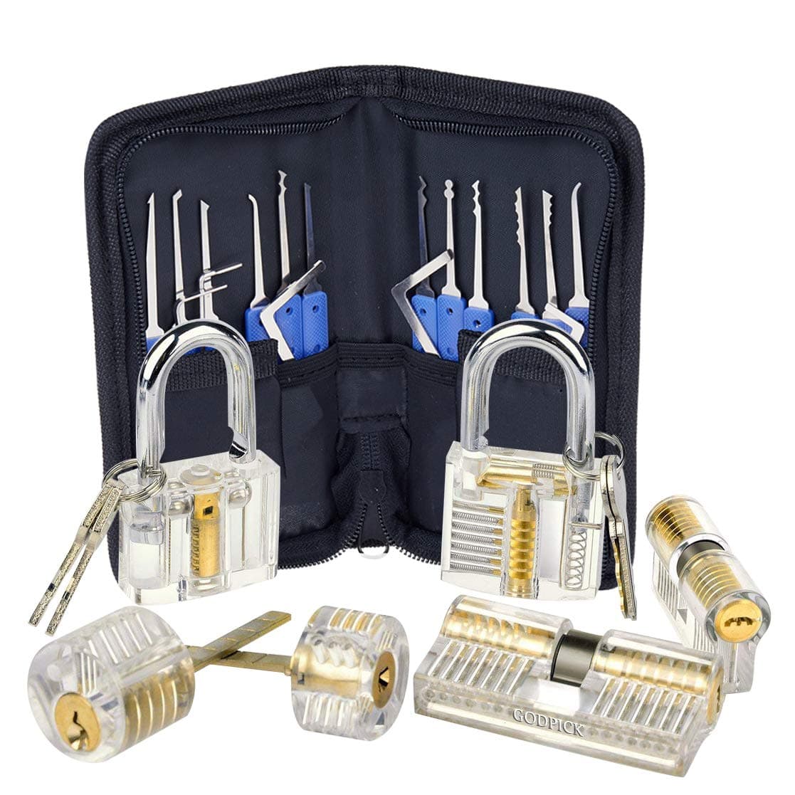 6 transparent padlocks, visible cutaway practice kit, padlock and door lock-pick skill training for apprentice locksmiths