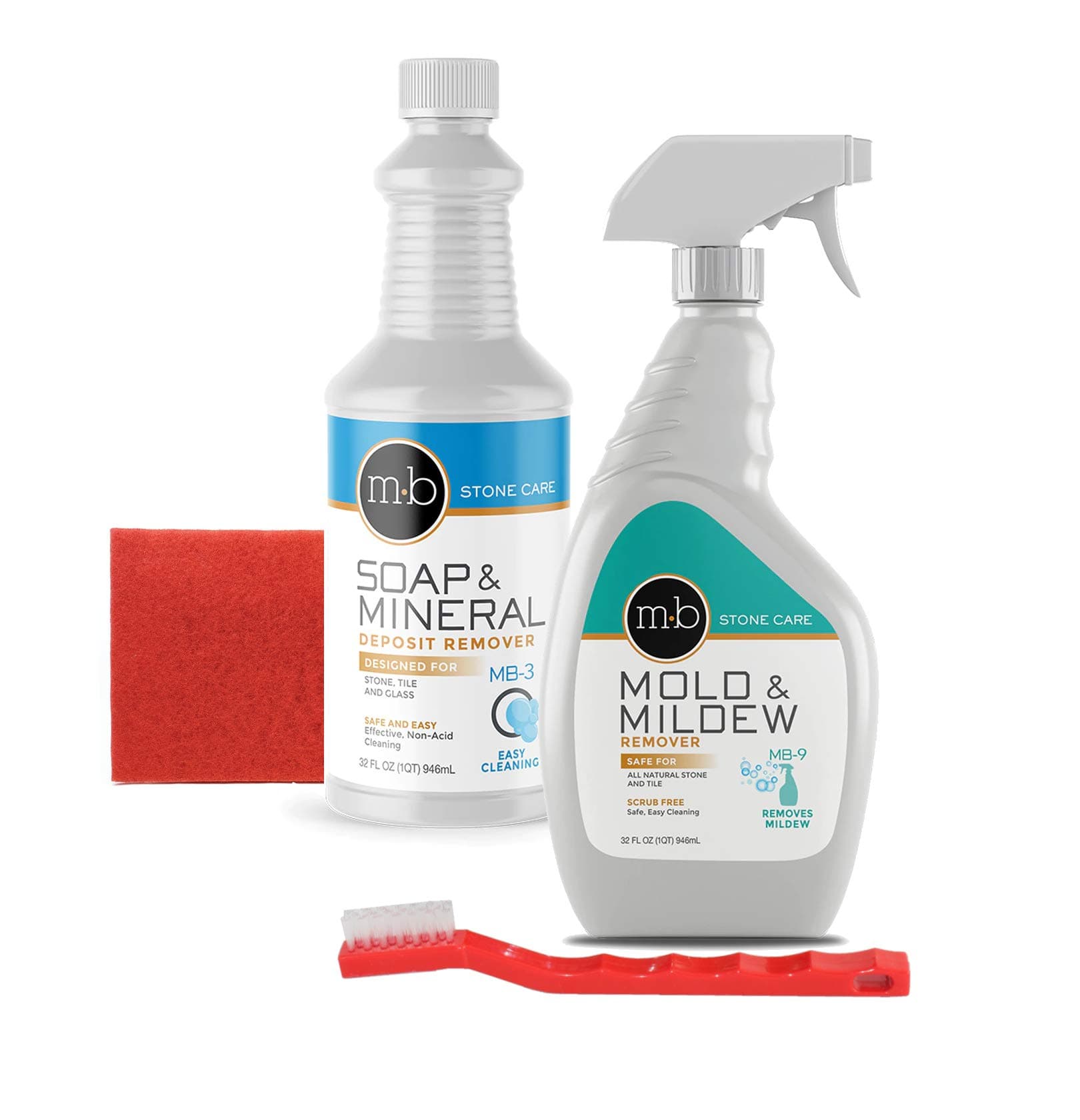 MB Stone Care | Soap Scum Remover Kit | MB-3 Soap & Mineral Deposit Remover, MB 9, Red Scrubbing Pad & Utility Brush | Bundle