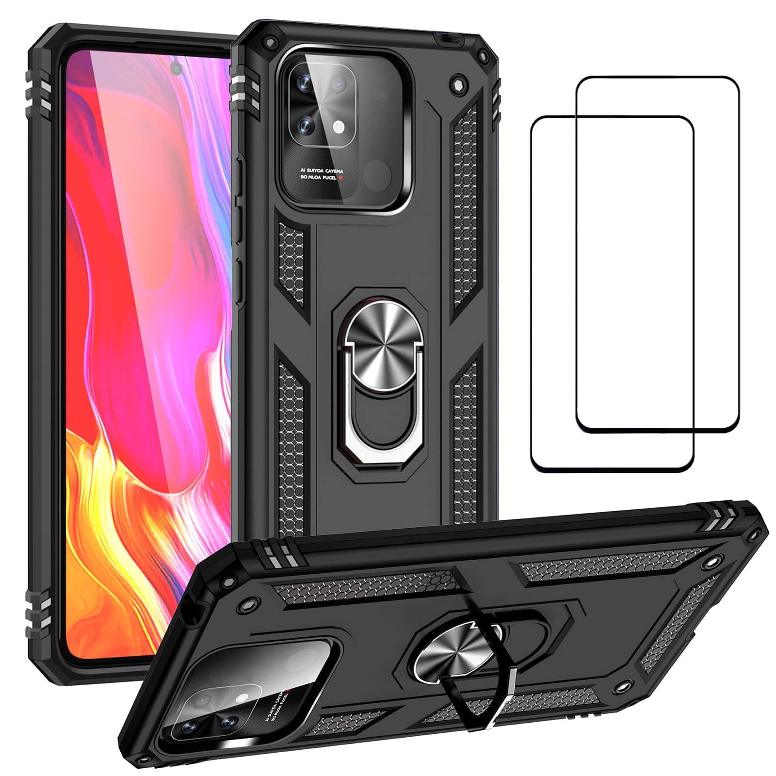 [1+2] Case for Xiaomi Redmi 10C / Xiaomi Poco C40 with Tempered Glass Screen Protector(2 Pcs) Heavy Duty Shockproof Case Cover for Xiaomi Redmi 10C (Redmi 10C / Xiaomi Poco C40, Black 2)