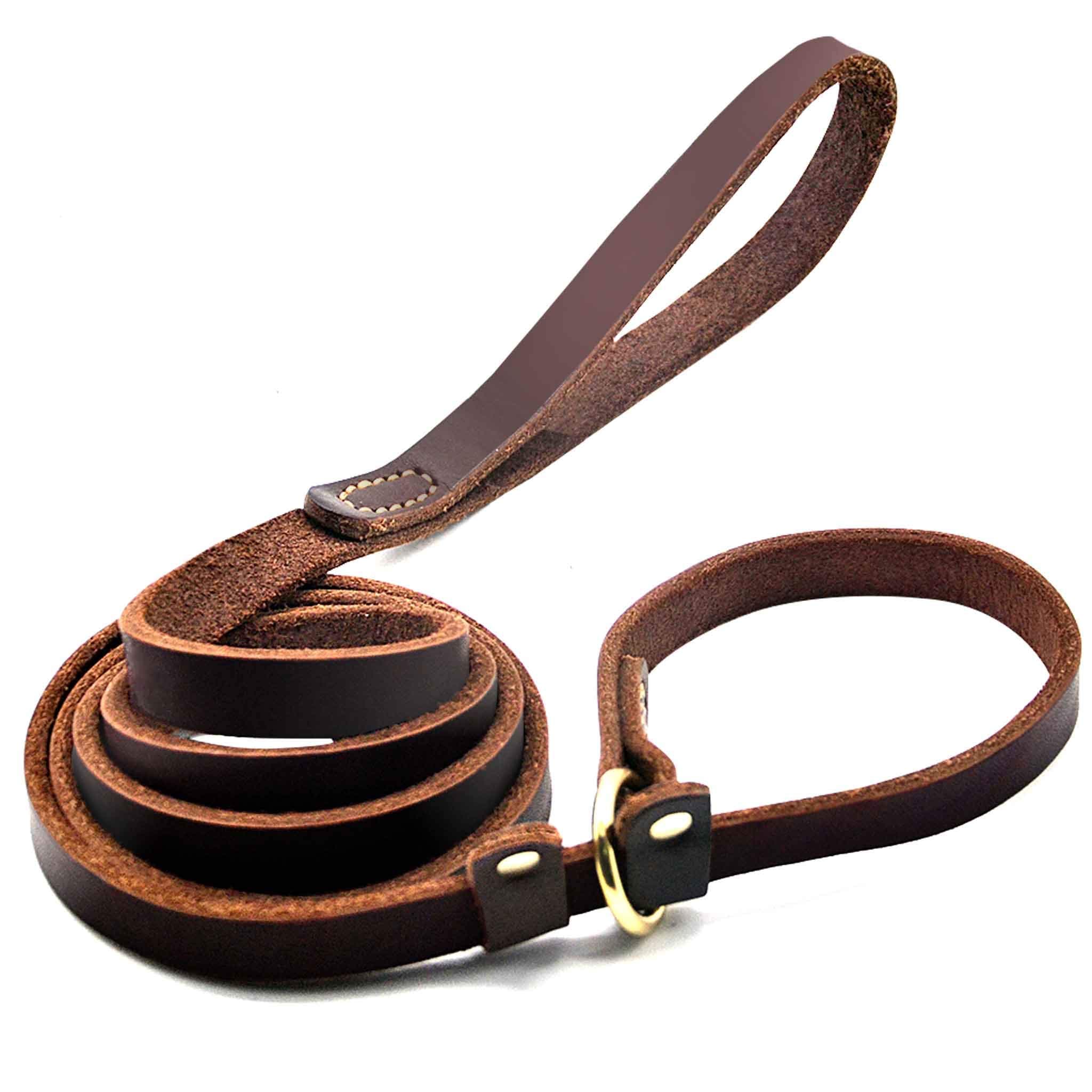 Rolled Real Leather Slip Lead Dog Leash, Soft Adjustable Pet Slip Leads with Slider, Heavy Duty Flat Dog Training Leash for Medium and Large Dogs, 6ft Long by 0.7 Inch Wide, Brown