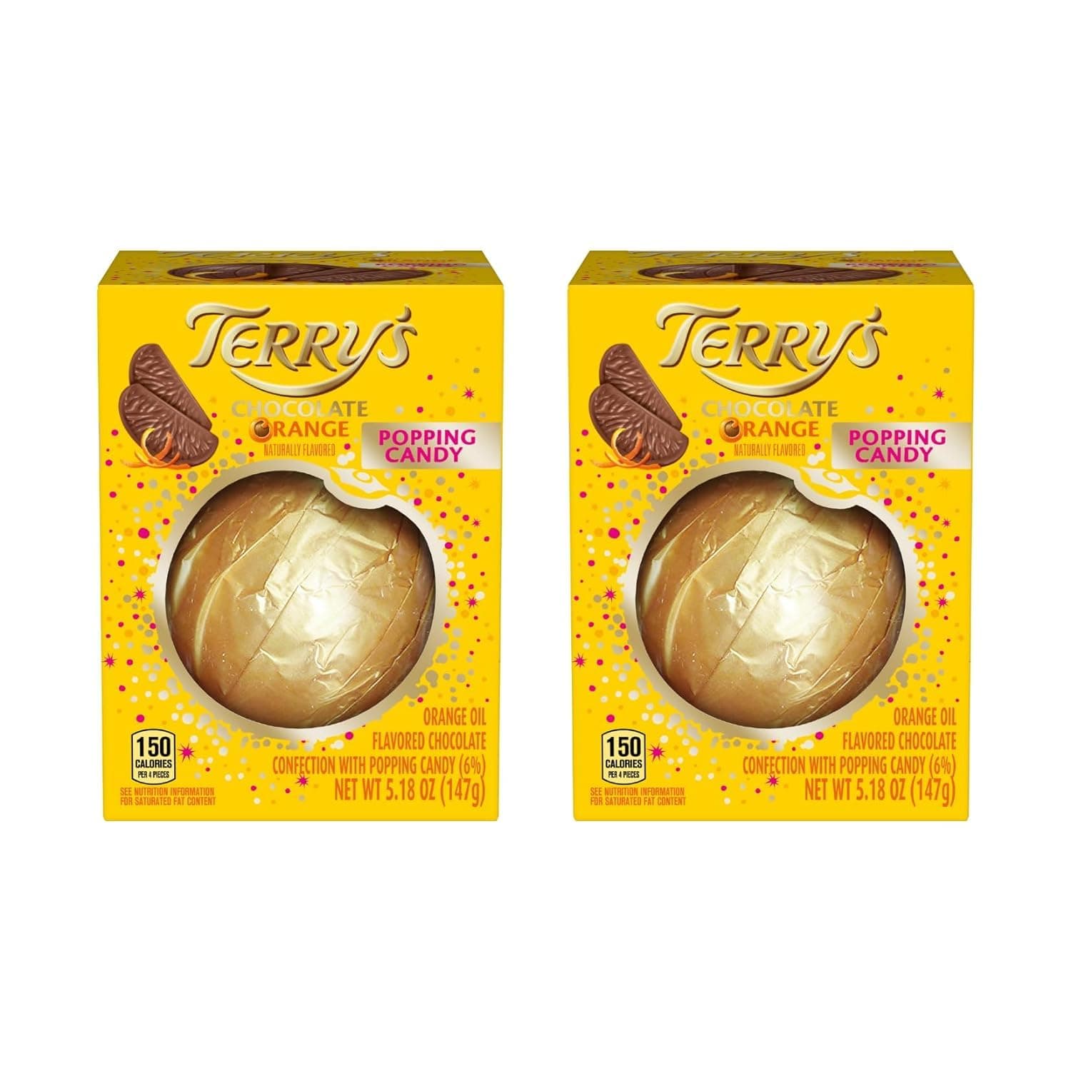Terry's Chocolate Orange 5.18 Oz! Orange Flavored Chocolate With Popping Candy! Delicious Chocolate Flavored With Natural Orange Oil! Tap It, Unwrap It And Enjoy It! (2 Pieces)