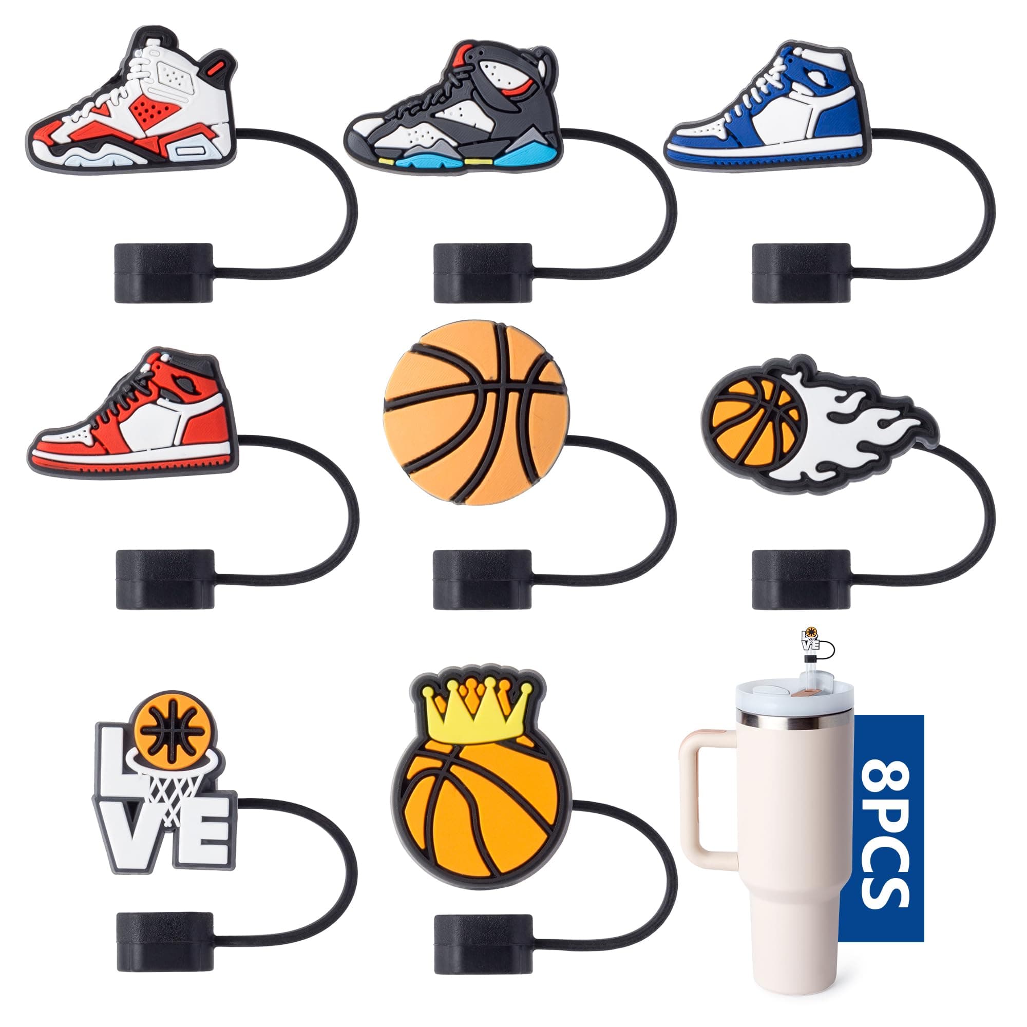 8-Piece Basketball Series Straw Covers for Stanley Cup, 0.4in/10mm Diameter Straw Toppers Cap,Compatible with Stanley 20 30&40 0z Cup, Dust-Proof Straw Caps for Water Bottle