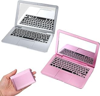 Mini Laptop Mirror, 2 Pcs Mini Compact Mirror Pocket Size Laptop Shaped Makeup Mirrors Portable Small Folding Computer Mirrors for Travel Home Makeup Decoration Dollhouse Pet (Silver, Rose Gold)