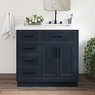 ARIEL Bathroom Vanity 37" Midnight Blue, 1.5" Edge Pure White Quartz Countertop & Splash, Rectangular Sink, 2 Soft Closing Doors, 5 Full Extension Dovetail Drawers, Toe Kick, Matte Black
