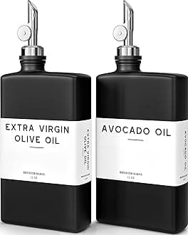 Black Glass Olive Oil Dispenser Bottle for Kitchen by Brighter Barns - Soy Sauce Dispenser, Coffee Syrup Bottle - Kitchen Decor for Restaurant, Airbnb, Coffee Bar Accessories (Black/Silver, Set of 2)