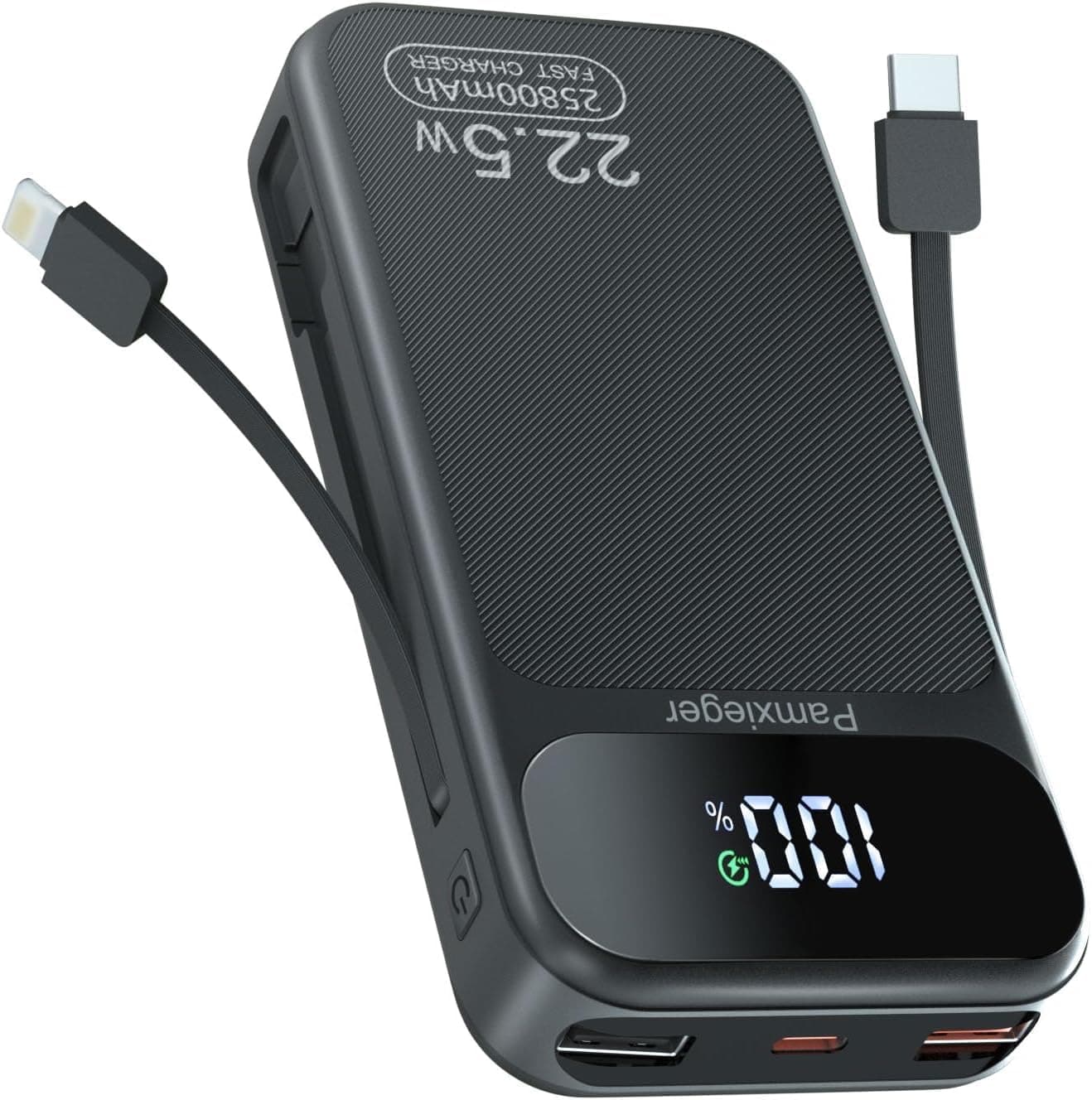 Power Bank 25800mAh Fast Charging Built-in 2 cables, 22.5W Portable Charger, Portable USB C Power bank Battery Pack with LCD Display Powerbank for Smartphones Tablets and More