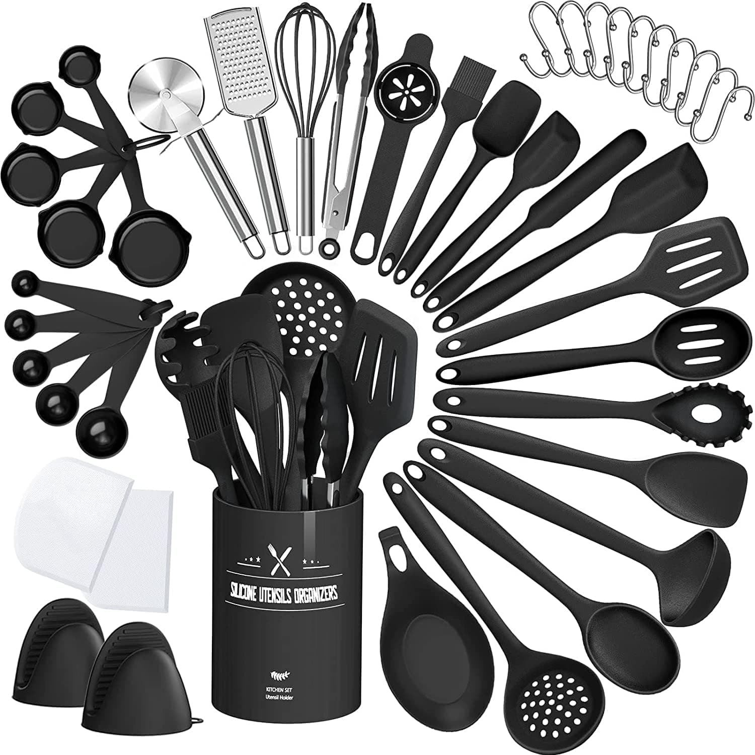 43 Pcs Kitchen Utensils Set, Heat Resistant Silicone Cooking Kitchen Utensils Set with Holder, Spoon, Spatula, Kitchen Gadgets Tools Set For Nonstick Cookware, Dishwasher(BPA Free, Black)