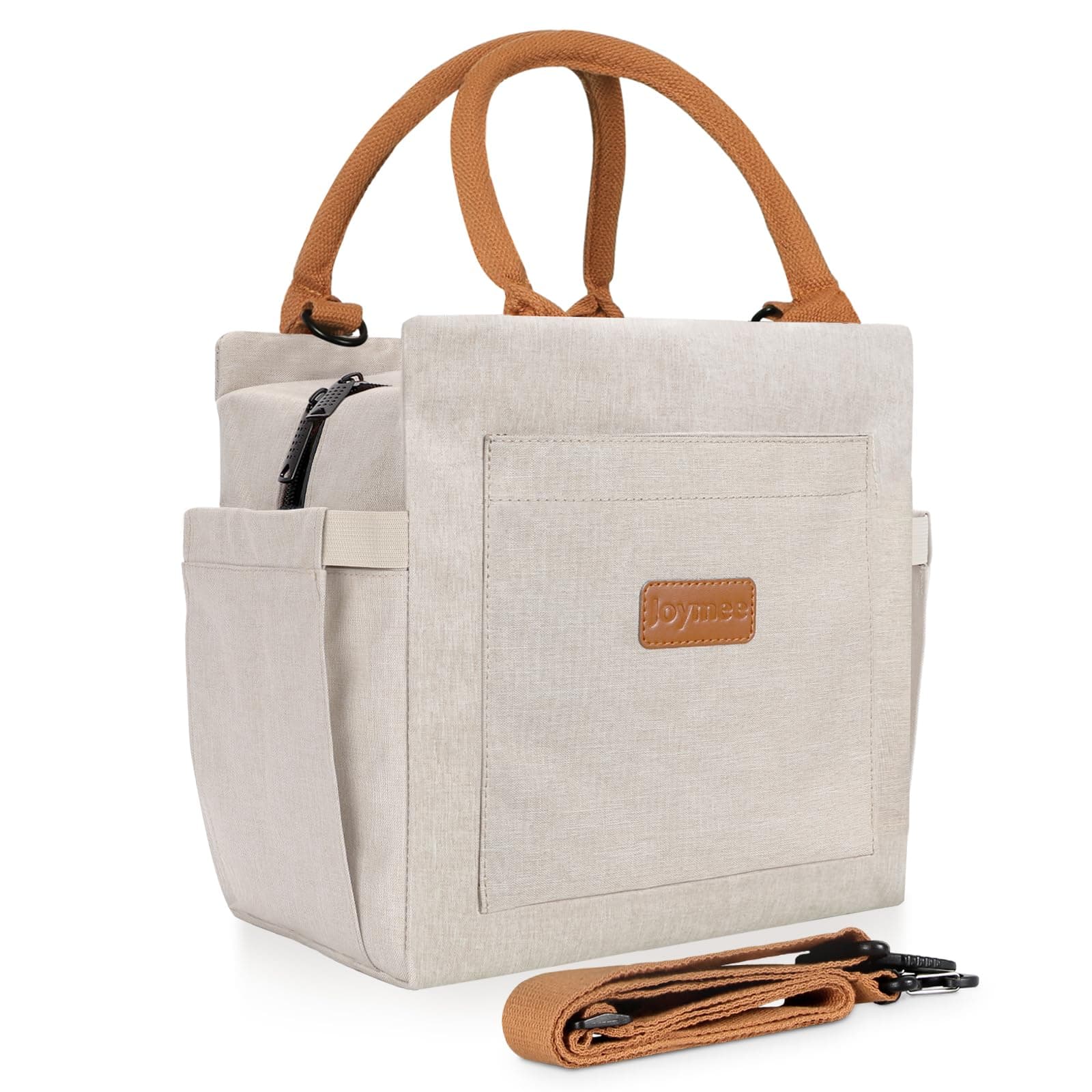 Joymee Lunch Bag Women Insulated Lunch Box with Adjustable Shoulder Strap Large Reusable Leakproof Spacious Cooler Tote for Women Men Adult with Bottle Holder and Side Pockets - Beige