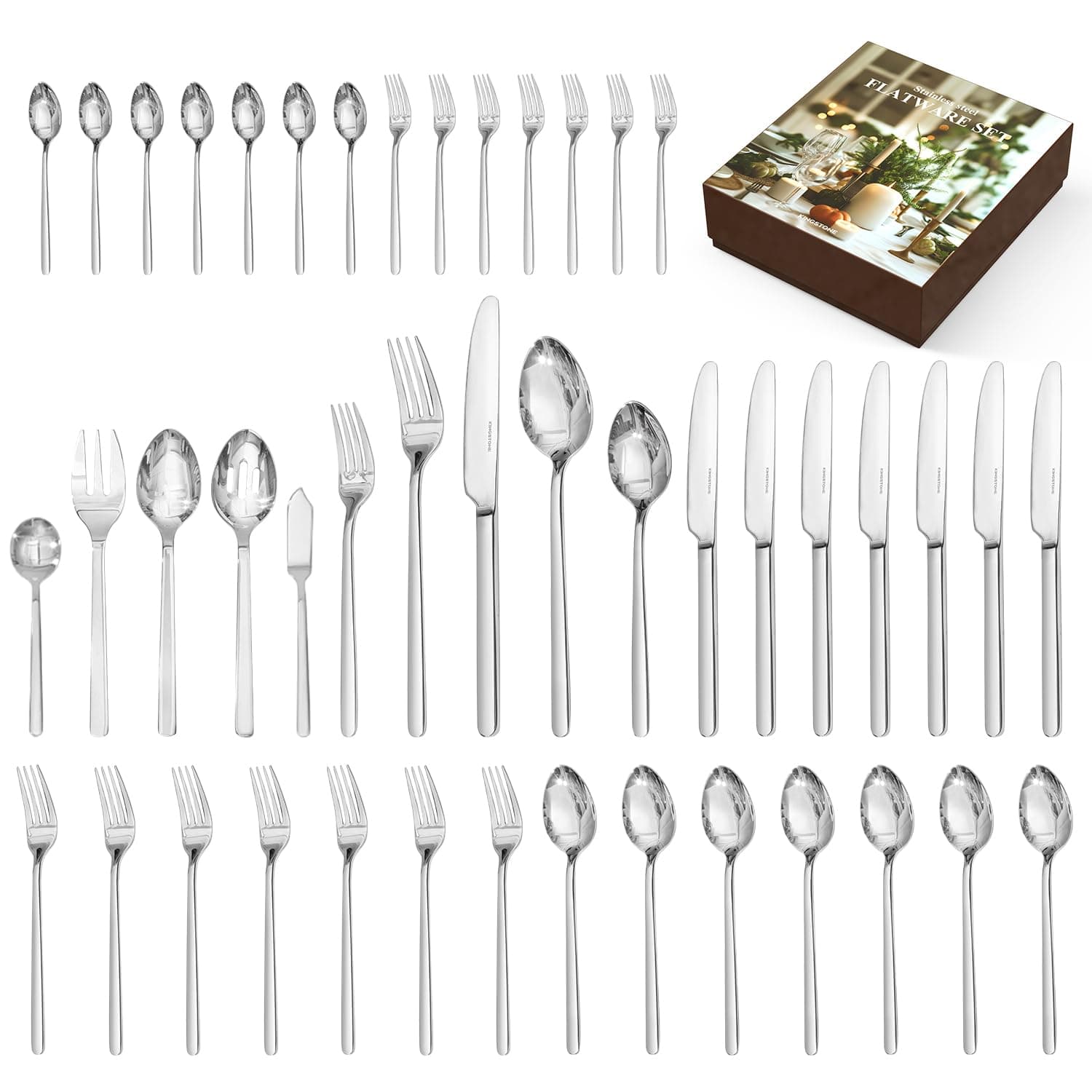 KINGSTONE Silverware Set with Serving Utensils, 45 Piece Flatware Set for 8, 18/10 Cutlery Set with 5 Pieces Serving Utensil Set Modern and Original Design Dishwasher Safe
