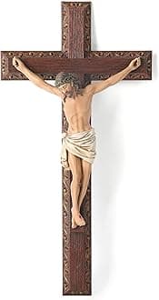 BC Catholic Crucifix Wall Cross, 12" H Jesus Christ Cross Home Decor, Religious Devout Gift for Holly Week, Wood Carve Looking, Hand Painted by Buildclassic