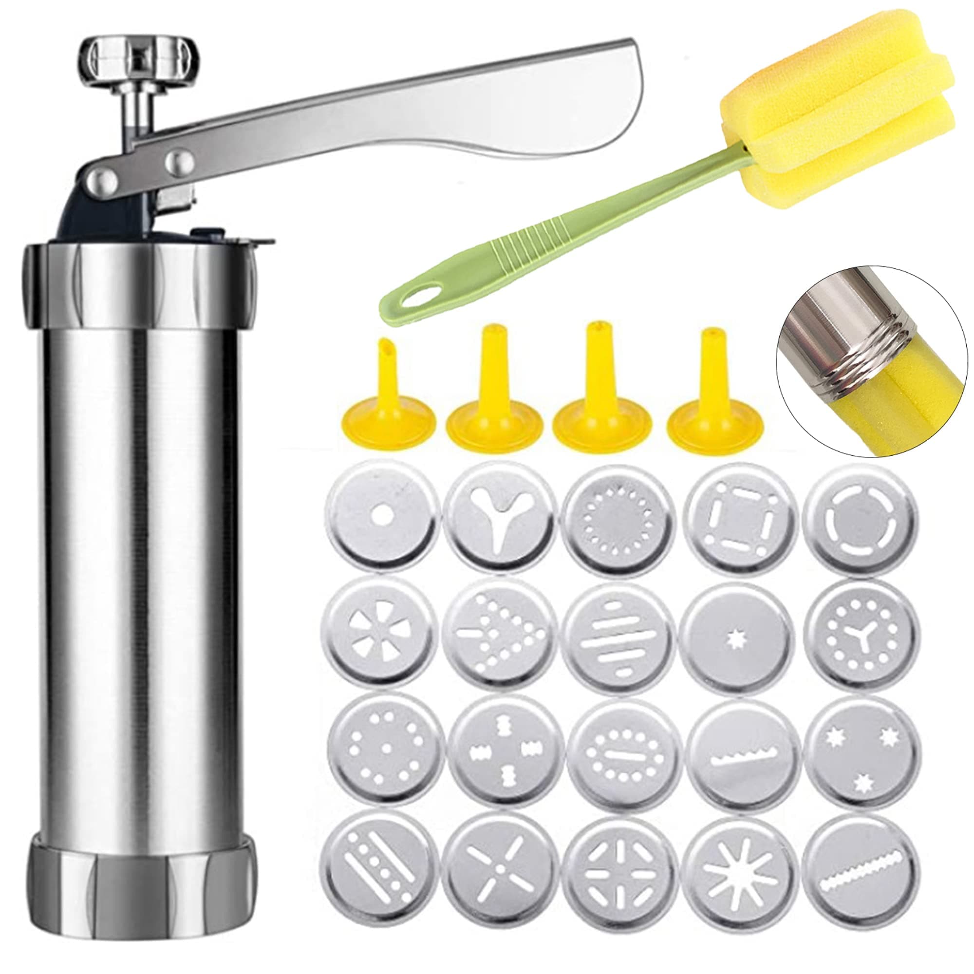 Good Helper Spritz Cookie Press Gun Kit, Stainless Steel Biscuit Press Cookie Gun Set with 20 Cookie discs and 4 nozzles for DIY Biscuit Maker and Churro Maker