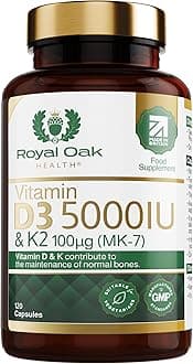 Vitamin D3 5000 IU & Vitamin K2 100mcg (MK-7) x120 Capsules, 4 Month Supply - High Strength Vitamin D & K2 Supplement for Men & Women, Made in The UK by Royal Oak Health