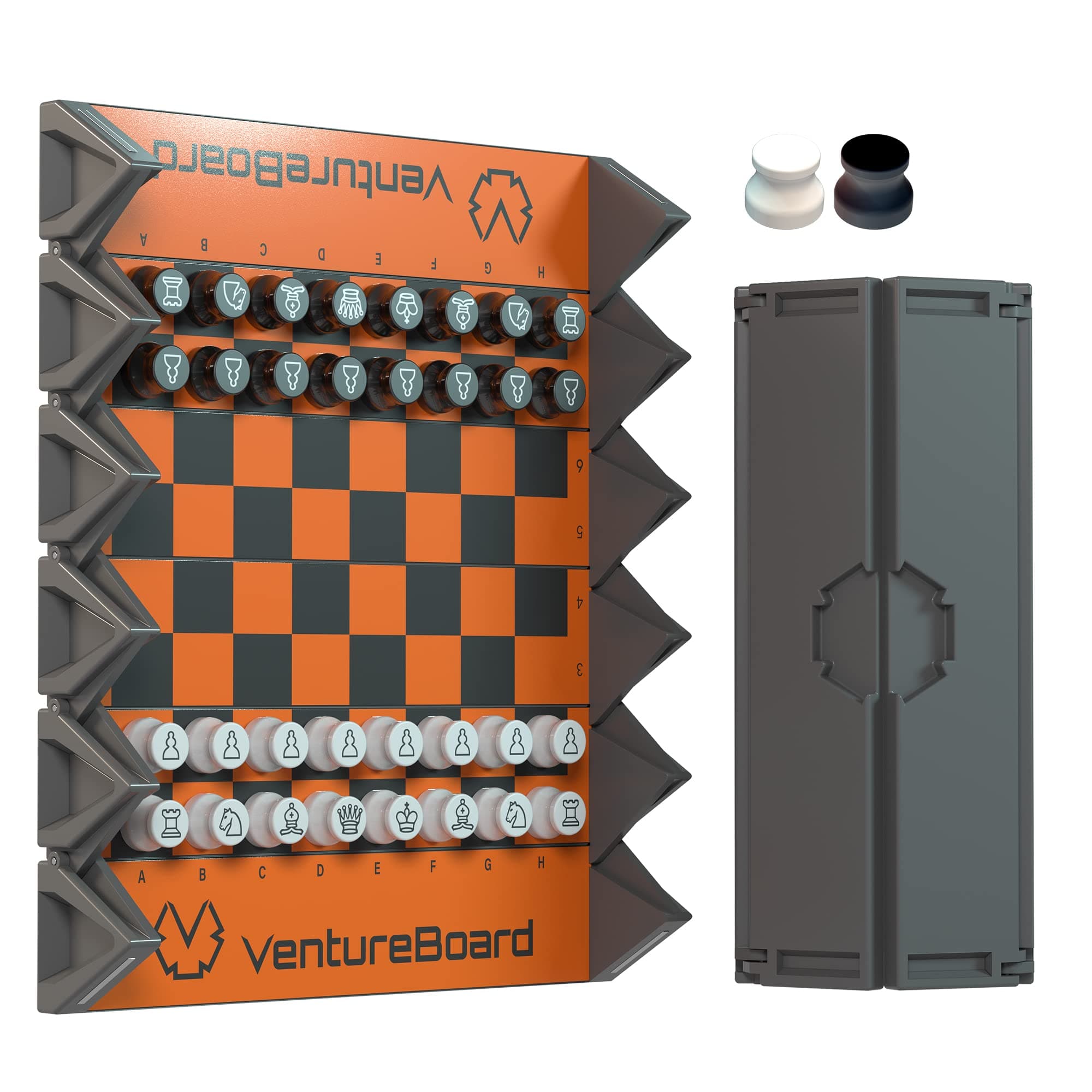 VENTUREBOARD 6 Inches Magnetic Unique Chess Set Board Game - 2 Extra Queens - Folding Board, Portable Travel Chess Board Game Pieces - Orange/Grey