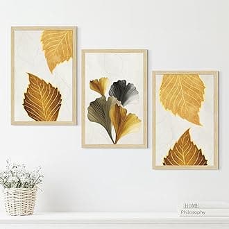 ArtX Paper Modern Art Wall Painting For Living Room,Drawing Room Decoration Big Size, Leaves Framed Painting for Wall Decoration, Mordern Wall Decor For Bedroom,Multicolor, 36.0 x 18.0 inches,Set Of 3